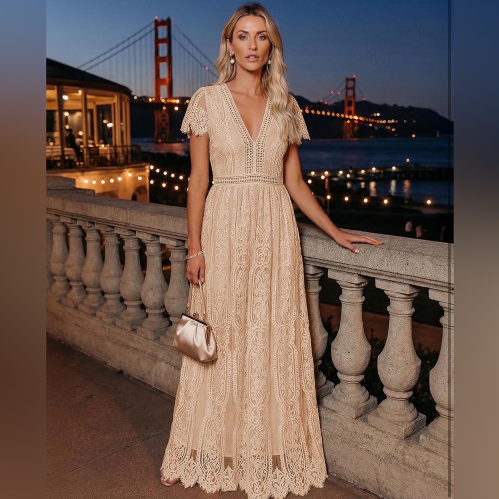 Boho Lace Maxi Dress Apricot Beige Deep V Ruffle Sleeve Wedding Guest Beach
